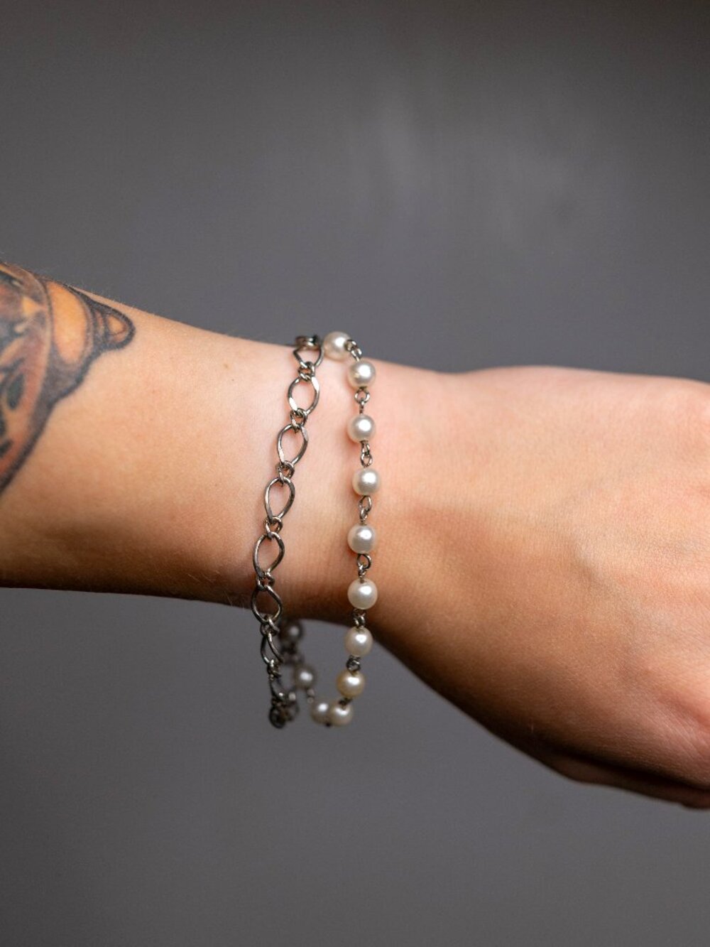 Vintage Silver Chain & Faux Pearl Layered Bracelet
